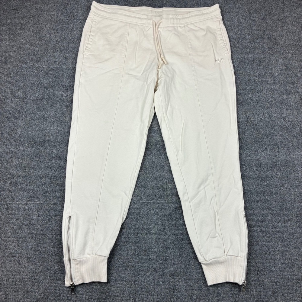 DKNY Sport Womens Size Large W36 Off White Cream Ankle Zip Joggers Sweatpants